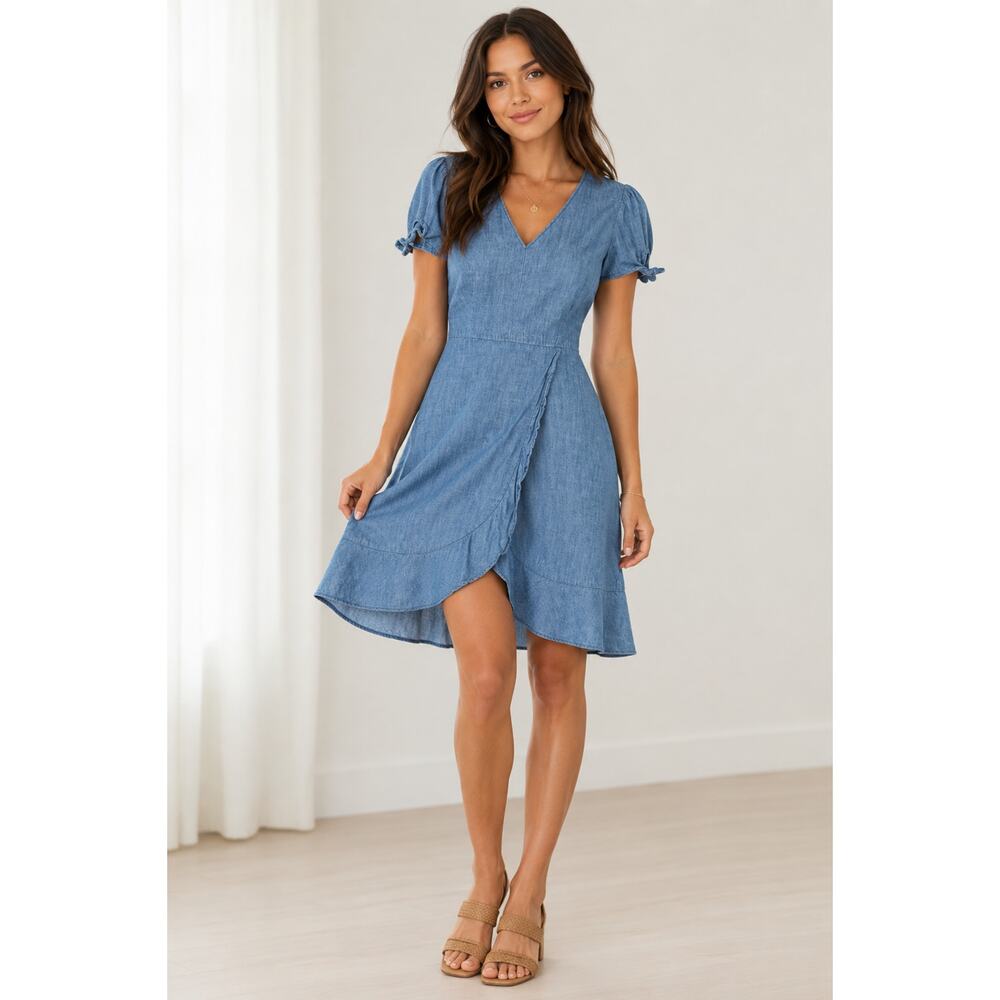 J Crew Denim Dress Womens Size 2 Cottagecore Beach Country Barn Wrap Dress 90s